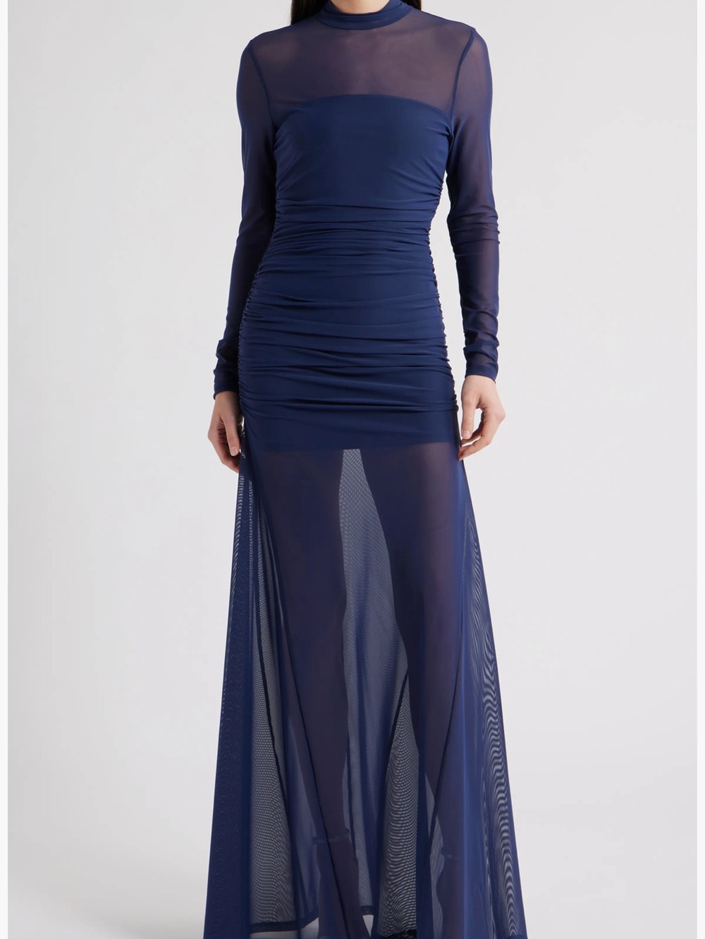 Sheer Long-Sleeve Navy Mesh Evening Dress